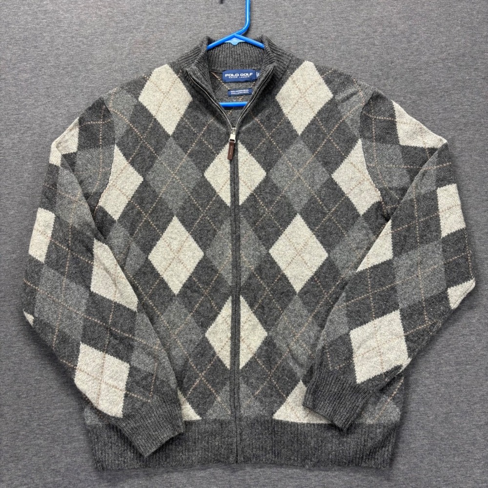 VTG Polo Golf Ralph Lauren Sweater Mens M Argyle Wool Zip Cardigan gray preppy